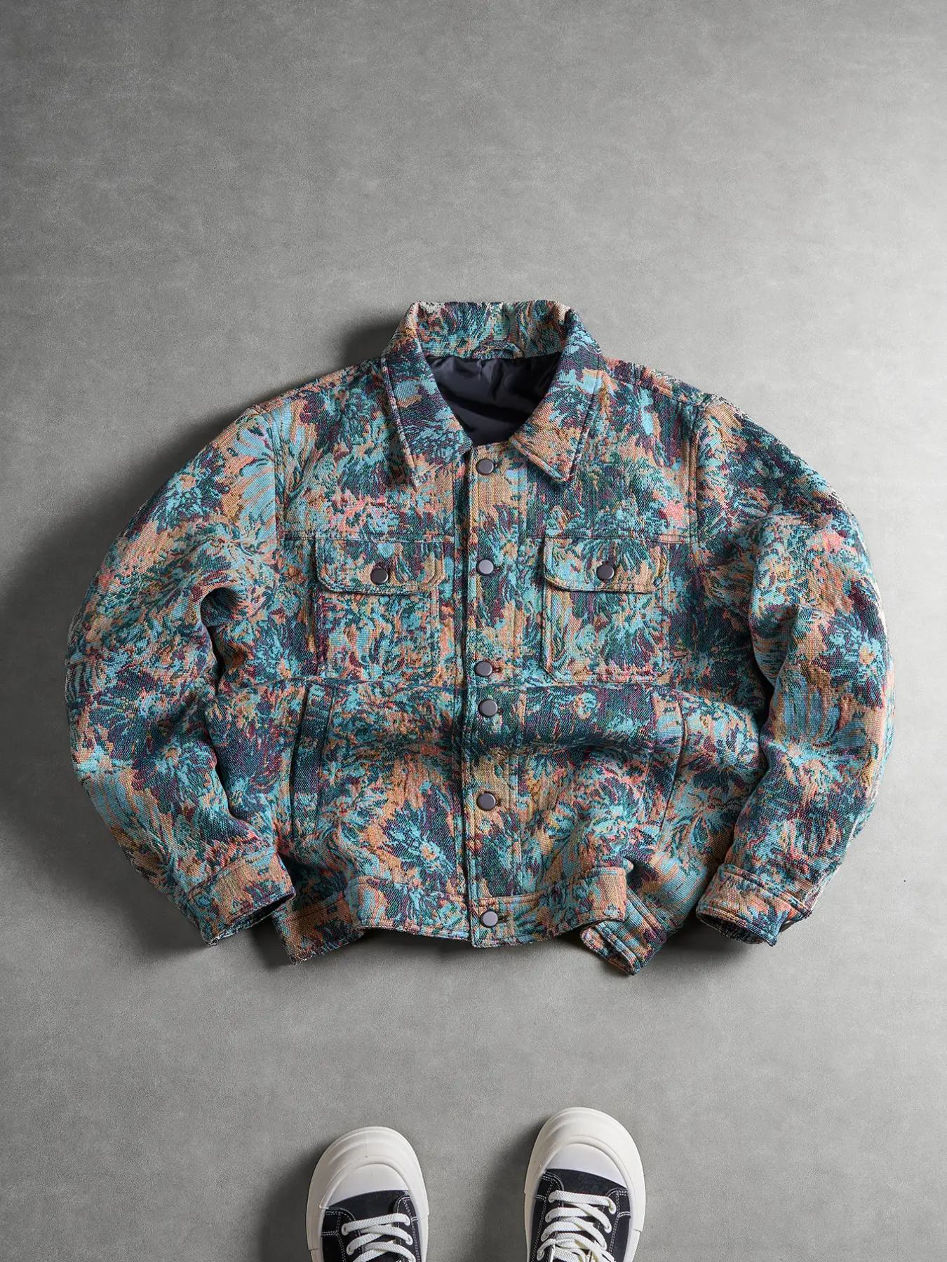 Men's Loose Fit Floral Jacquard Jacket, Vintage Oil Painting Style, Multi-Pocket Workwear Casual Coat, Spring & Fall Streetwear, Everyday Jackets