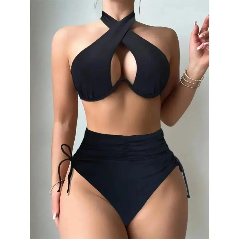 Women's Solid Black 2-Piece Bikini Set - Crisscross Wrap Halter Underwire Cutout Top, Ruched Side Drawstring High-Waist High-Cut Bottom, Figure-Flattering Swimwear