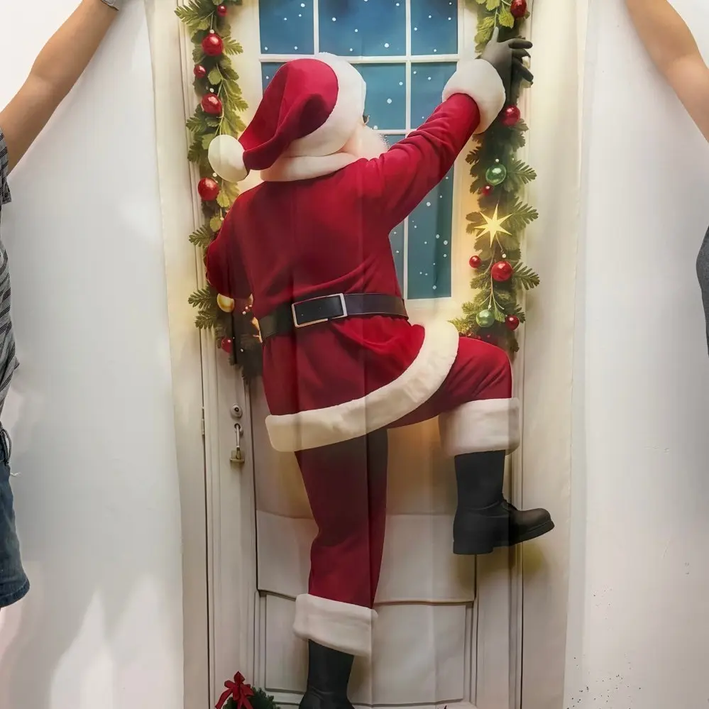 1pcDurable Polyester Christmas Porch Banner, Santa Climbing Door Design, Vibrant Outdoor Holiday Decoration, Non-Fading Festive Decor, Window Flags, Christmas Decorations