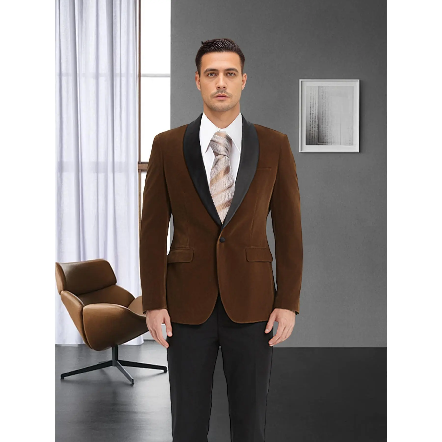 Men's Dark Brown Velvet Blazer - Single-Breasted Long-Sleeve Menswear Suit Jacket, Plain Textured Fabric, for Formal Weddings & Workwear, Includes Tie, Casual Option, Soft, Chic, Polyester, Buttons, Blazer Jacket, Fitted, Solid, Business