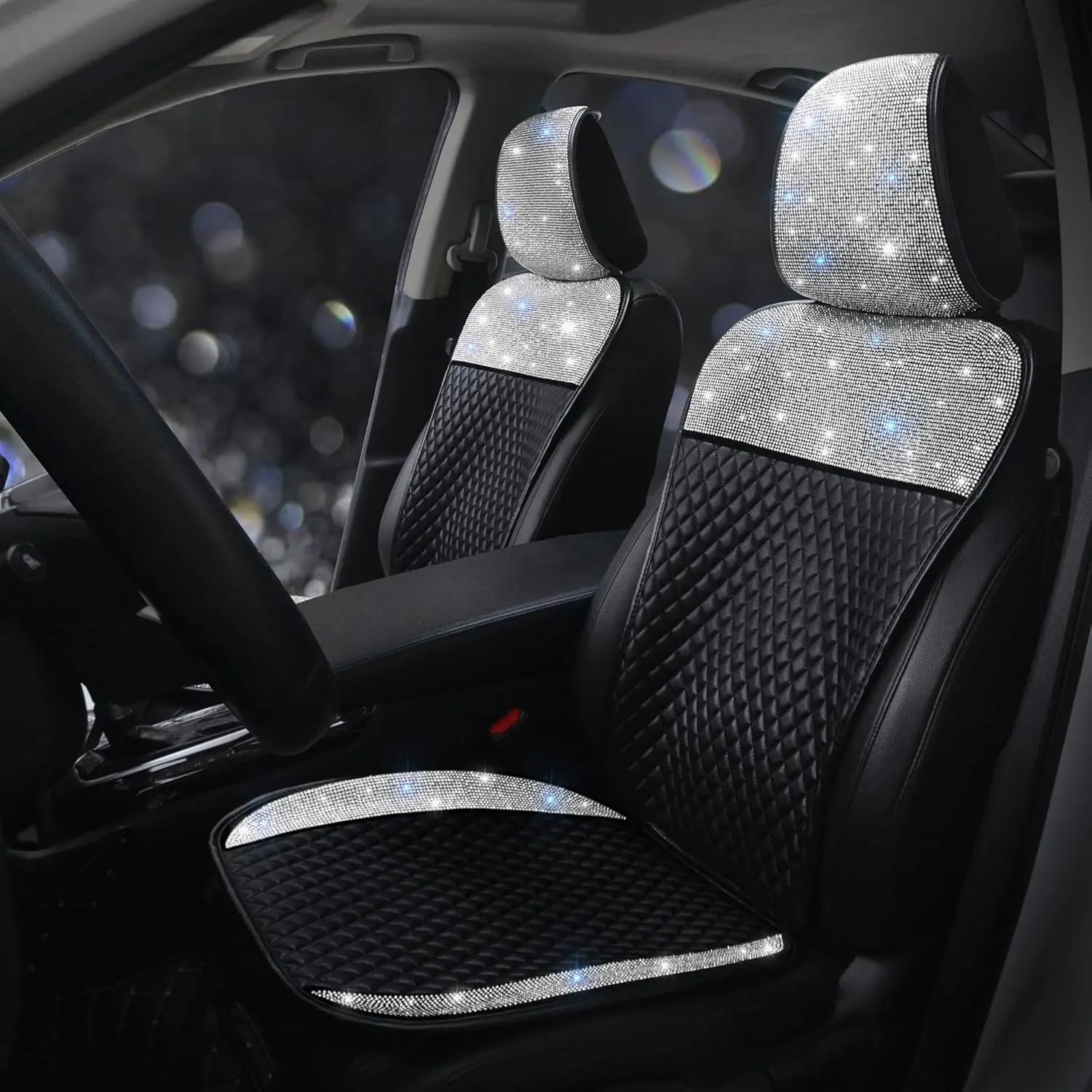 Bling  Seat Covers for Women Girls Sparkly Front Seat Cover with   Rhinestone Luxury PU Leather Auto Seat Protectors Glitter Auto Interior Accessories White 2 Seats