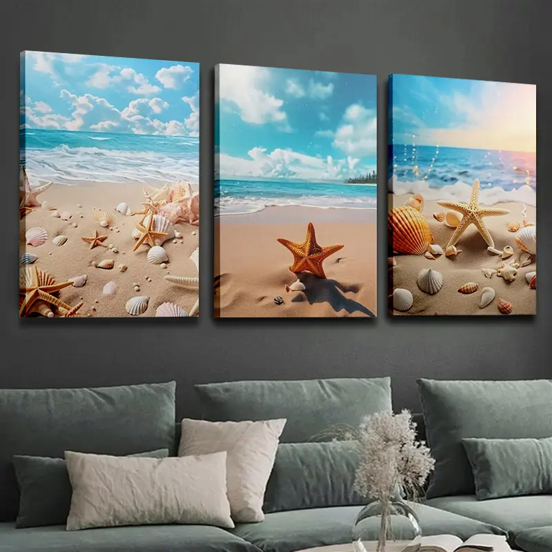 3Pcs Framed Ocean Beach Scenery Canvas Wall Art Prints - Marine Life, Shells, Starfish Decor for Living Room, Bedroom - Ideal Birthday, Housewarming Holiday Gifts