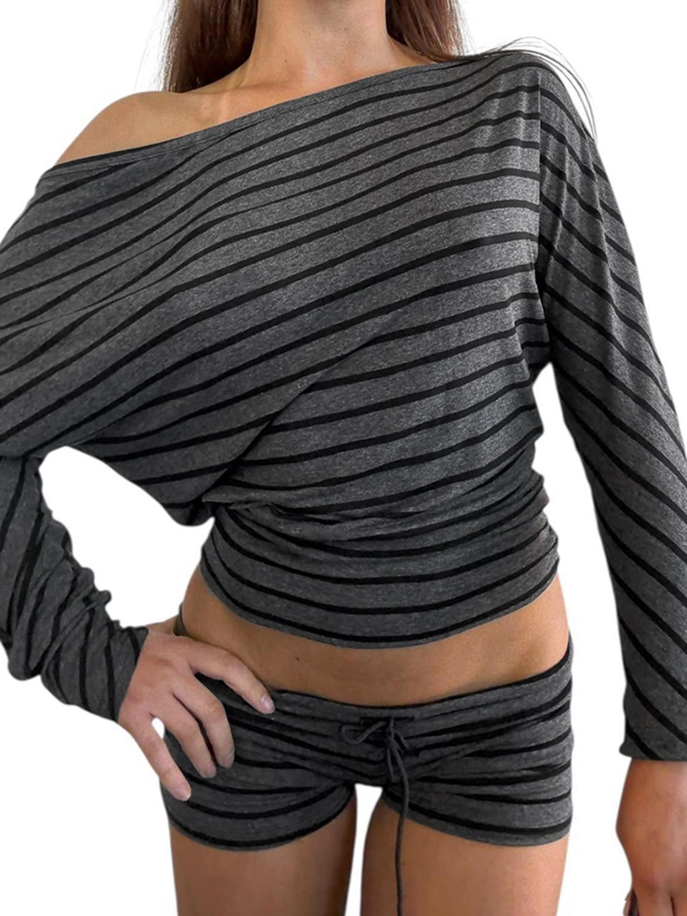 Striped Off-Shoulder Asymmetrical Two-Piece Set, Casual Comfortable Loose Long Sleeve Top + Adjustable Drawstring Waist Shorts