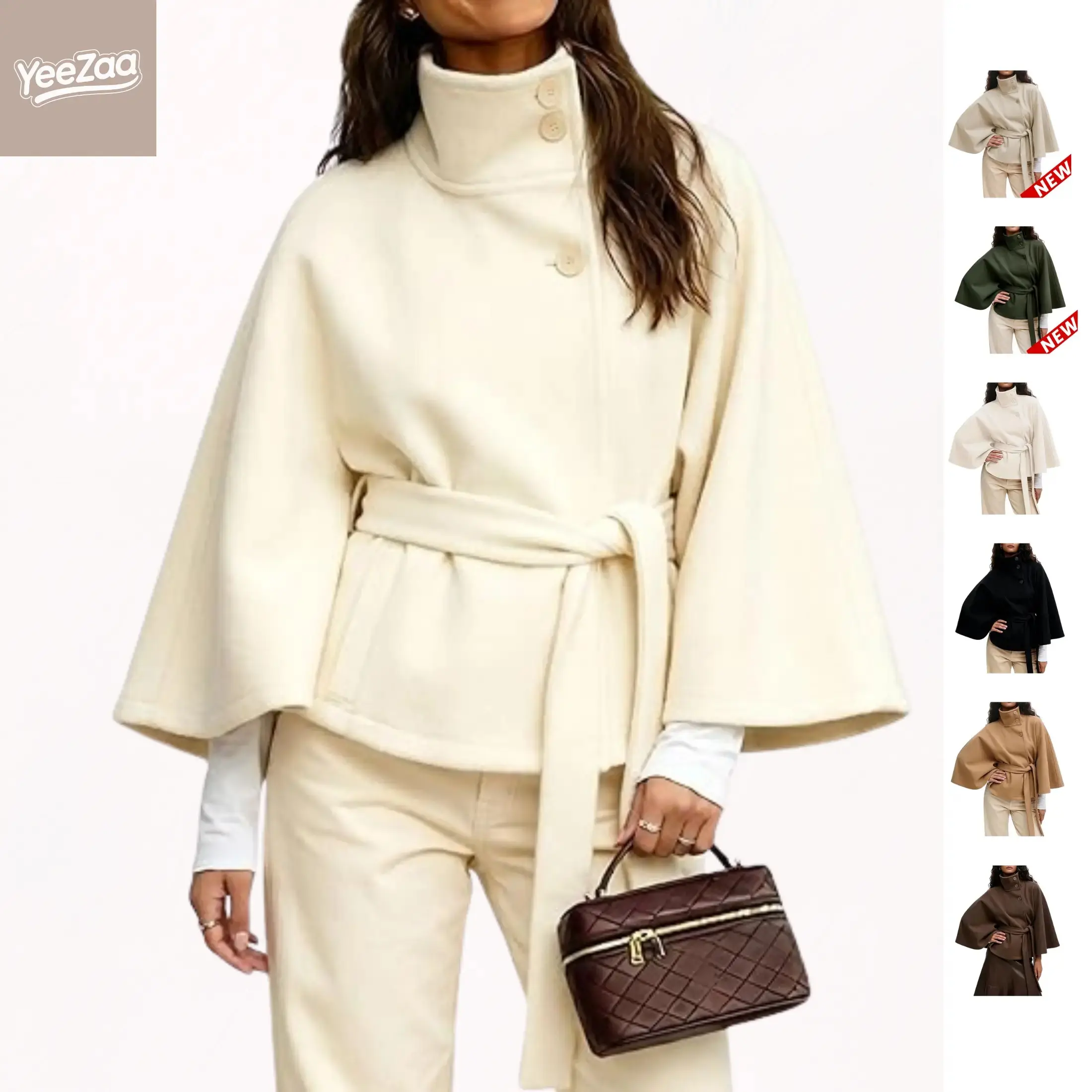 Poncho Pea Coat for Women Wool Blend Oversized Belted Fashion Fall Winter Elegant Stand Collar Cropped Cape Jacket Batwing Sleeve Trendy Casual Outerwear Overcoat