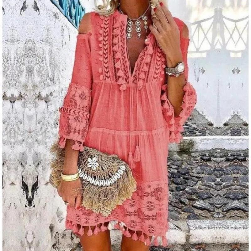 New Spring Embroidered Crochet Lace Bohemian Dress Women's Elegant Off Shoulder Tassel Ruffle Mini Dress Summer V-neck Women's Beach Dress Elegant Casual Women's Dress