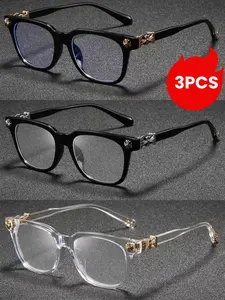 3 Pairs Fashion Square Frame Sunglasses, Trendy Style, Luxurious Cross Design, Unisex, Lightweight Retro Blue Light