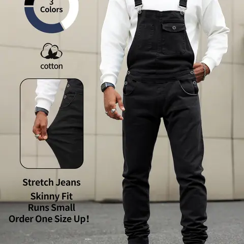 Men's Casual Elastic Plain Denim Overalls, Comfortable Fashion Daily Wear, All-Season Fitted Design with Pockets, Natural Waist Button Fly