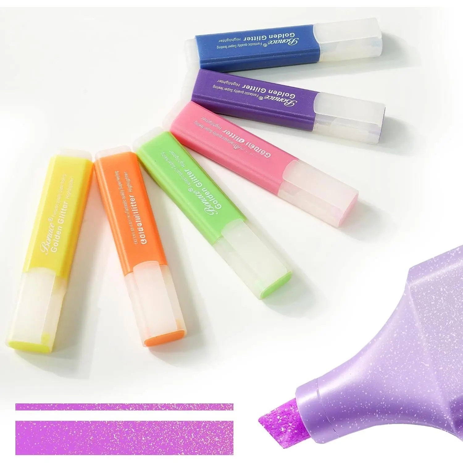 Glitter Highlighters, 6  Colors Quick-Dry Chisel Tip | Metallic Shimmer Finish | Water-Based for Journaling, Studying & Creative Projects