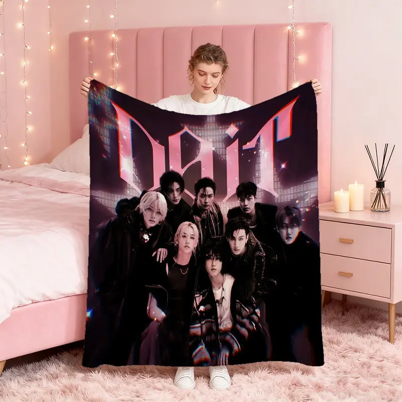 8 Member Kpop Boy Group Full Cast Group Portrait Dark Black Night City Neon Skyscraper Background Eight Handsome Young East Asian Male Idols All Dark Stage Outfits Large Gothic Pink Red Glitch Overlay Font Text Graphic Throw Blanket Soft Fluffy Flannel Fl
