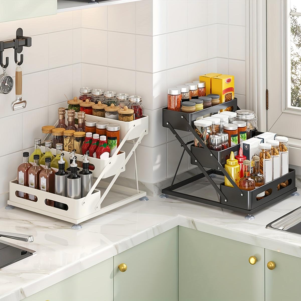 PLL 3-Layer Foldable Cast Iron Spice Rack with Safety Fence-Space-Saving Kitchen Cabinet with Countertop Organizer, Durable Paint Design, Holiday Theme Style, Simple Metal Shape, Solid Construction versatile storage