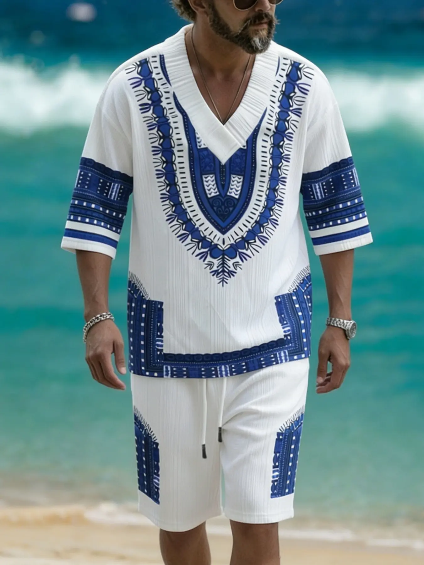 Exarus Men's 2-Piece Summer Set, V-Neck Geometric Print Drawstring Shorts, Casual Beach Vacation, Men's Dashiki Suit, African Clothing
