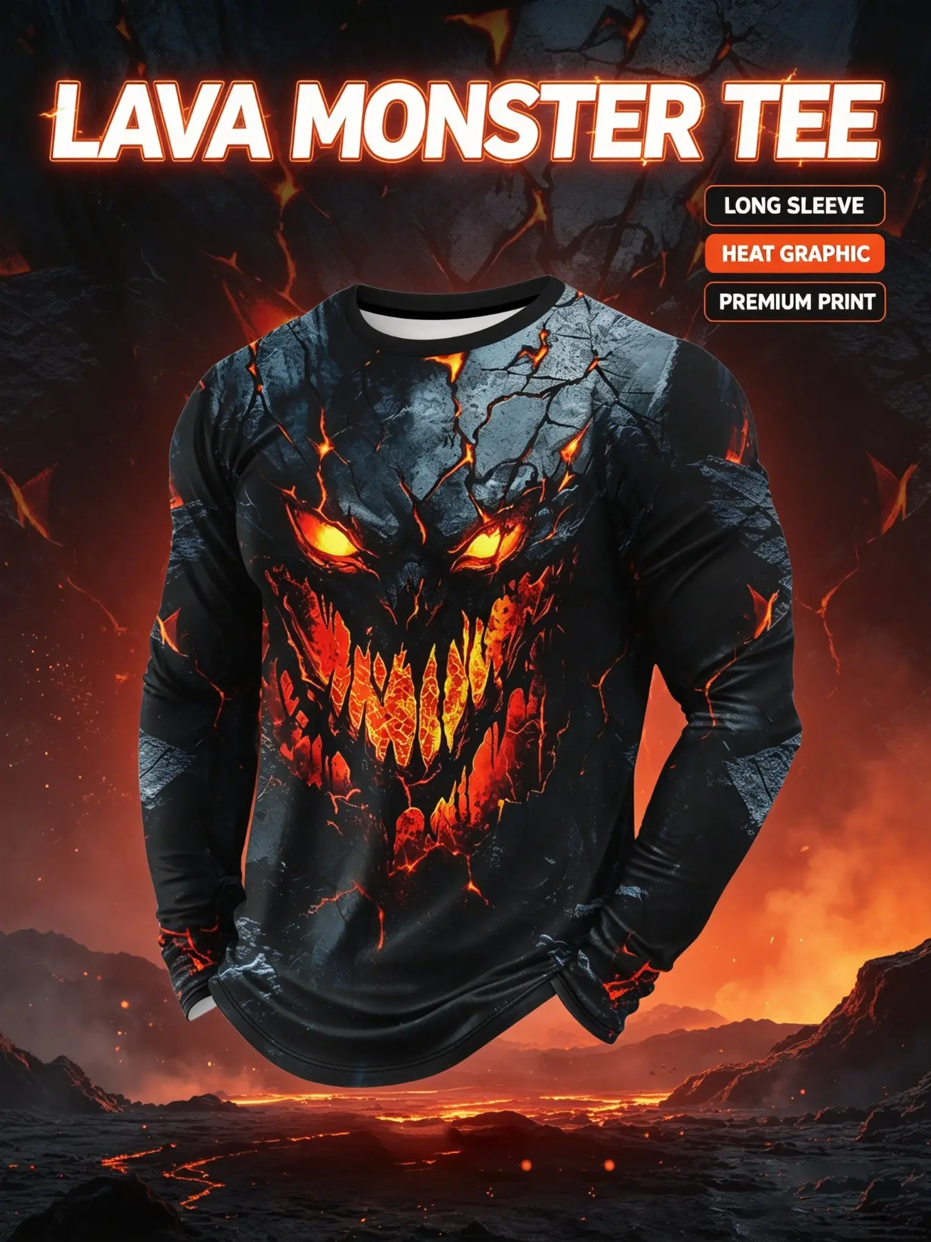 Men's Round Neck Long Sleeve T-Shirt, Base Lava Crack Glowing Eye Sharp Tooth Devil Monster Full Print, Gothic Horror Street Style