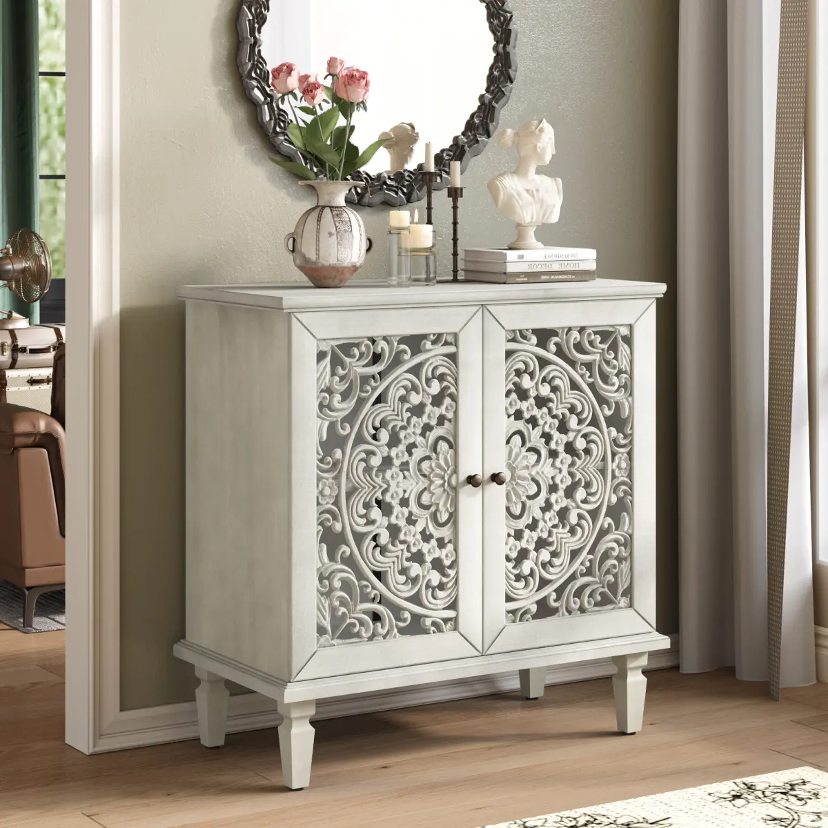 Buffet Sideboard Cabinet Vintage Storage Cabinet with Adjustable Shelves Wooden Small Accent Sideboard with Hollow Carved for Kitchen, Coffee Bar, Living Room, Antique Grey White