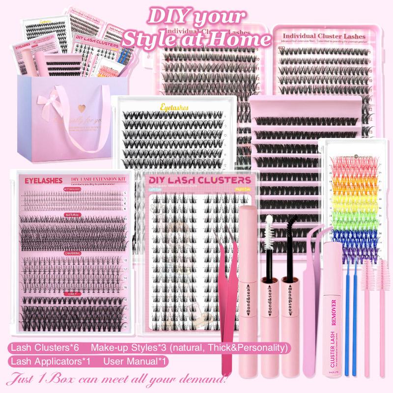 Gift Set (6 Kits /5 K) Individual Fasle Eyelashes with Lash Applicators, Three Styles Lashes, Natural, Thick & Personality Styles in One Box, Lash Applicators Including Lash Bond and Seal, Remover, Tweezers, Brush & Swabs. One Box Meet All your DIY Demand
