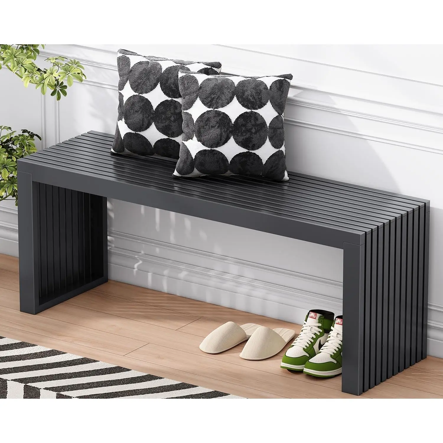 Bamboo Dining Bench, 35'' Slatted Design Entryway Bench, Black | Modern Solid Bamboo Seating Bench for Indoor & Outdoor Use, Ideal for Kitchen, Hallway, Bedroom