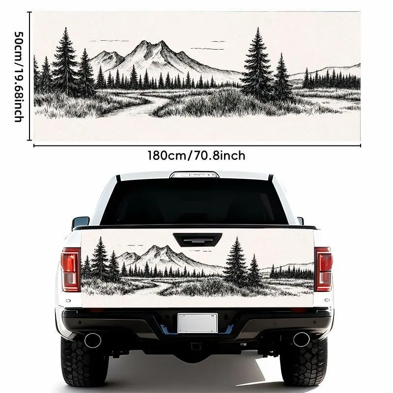 1pc Large Black & White Natural Landscape Car Sticker Compatible for most - Self-Adhesive Waterproof Vinyl Decal with Winding Path, Evergreen Trees & Snow-Capped Mountains Design - Easy Apply/Remove, Bumper or Window Decal