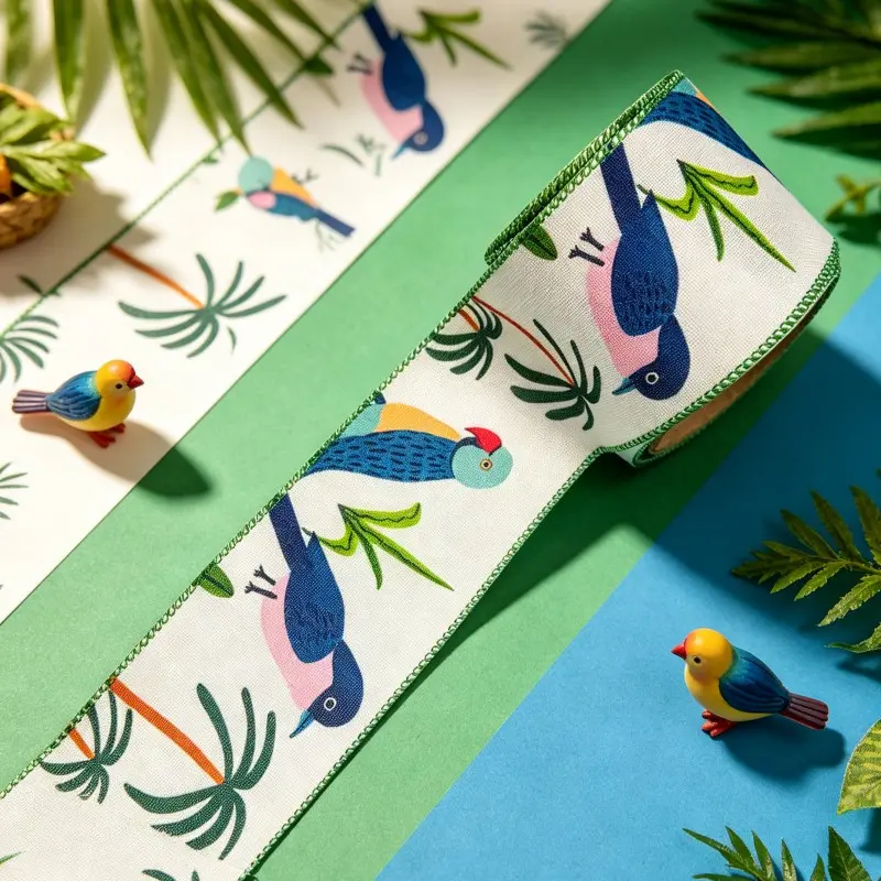 Tropical Parrot Bird Print Ribbon 6cm 5 Yards, Jungle Animal Braid, Birthday Craft DIY Decoration, Unlined Fabric Strip, Nature