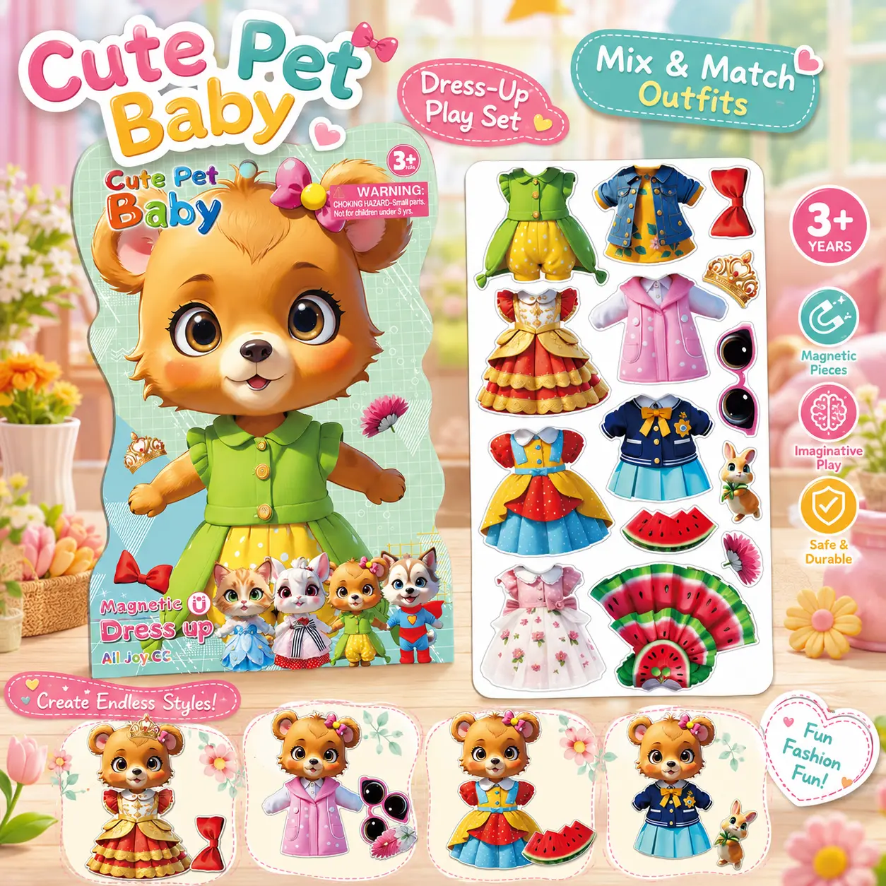 Cute Bear Magnetic Dress Up Paper Dolls Pretend Play Set Animal Pet Strong Magnet Educational Toy Kids Travel Car Airplane Road Trip Essentials Quiet Sensory Activity Fine Motor Skills Fun Birthday Gift Girls Ages 3 4 5 6 7 8 9 Year Old Stocking Stuffer