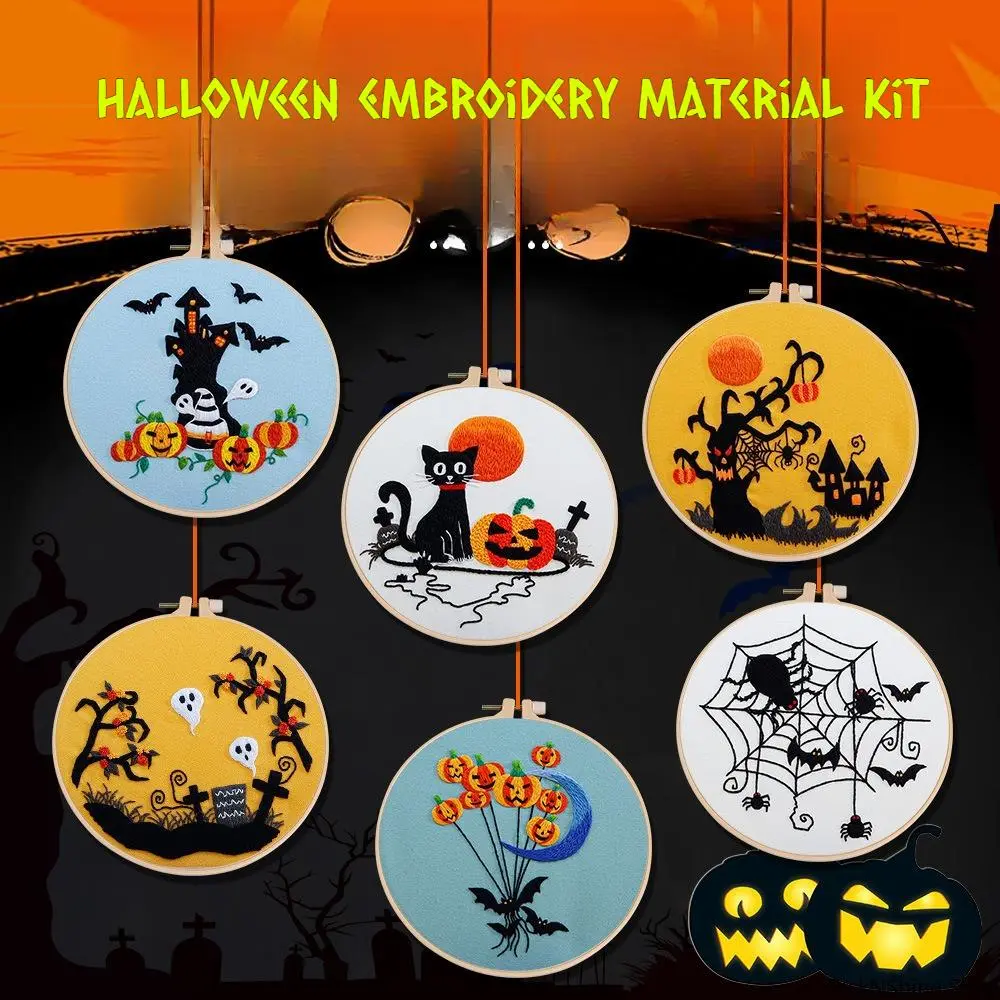 DIY Halloween Embroidery Kit - 1 Kit Cross Stitch Tools, Pumpkin Bat Ghost Patterns, Hand Embroidery Materials for Adults’ Home Decor & Gift (Fashion Accessory Set)