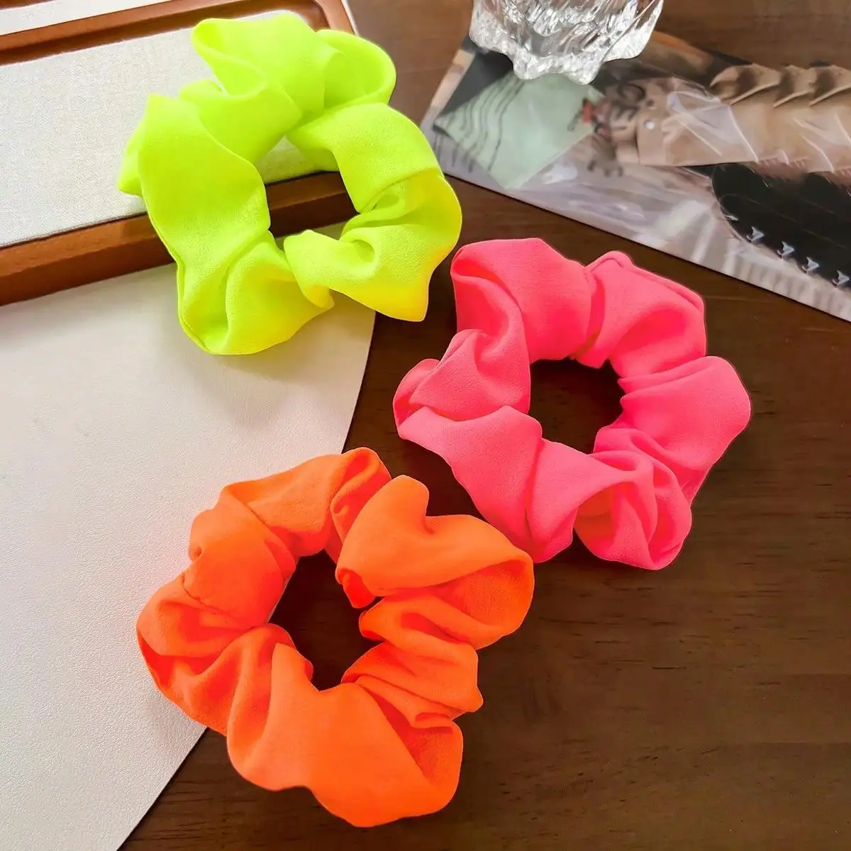 3Pcs Neon Scrunchies 80s Hair Accessories Bright Colors Premium Elastic ties Ponytail Bands for Women 90s Party Outfits Workout