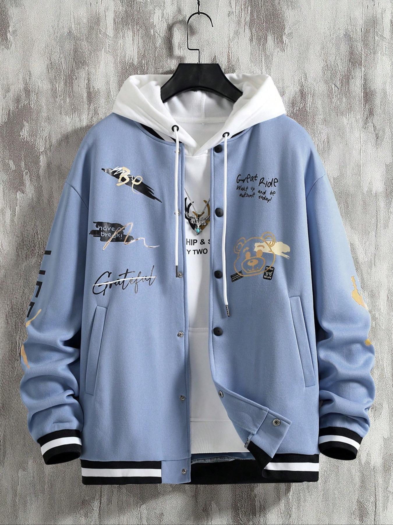Men's Cartoon Bear & Letter Print Drop Shoulder Varsity Jacket without Inner Top, Loose Casual Preppy Style Long Sleeve Pocket Button Front Outerwear for Daily Wear, Men's Clothes for All Seasons Casual Fashion Jacket