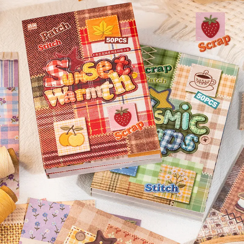 50 Sheets Sunset Warmth Series Patch Stitch Scrapbook Paper Pad Vintage Rustic Cottagecore Fabric Texture Embroidery Style Craft Paper For Diy Journaling Photo Album Decoration Greeting Card Making Gift Wrapping Scrapbooking Paper