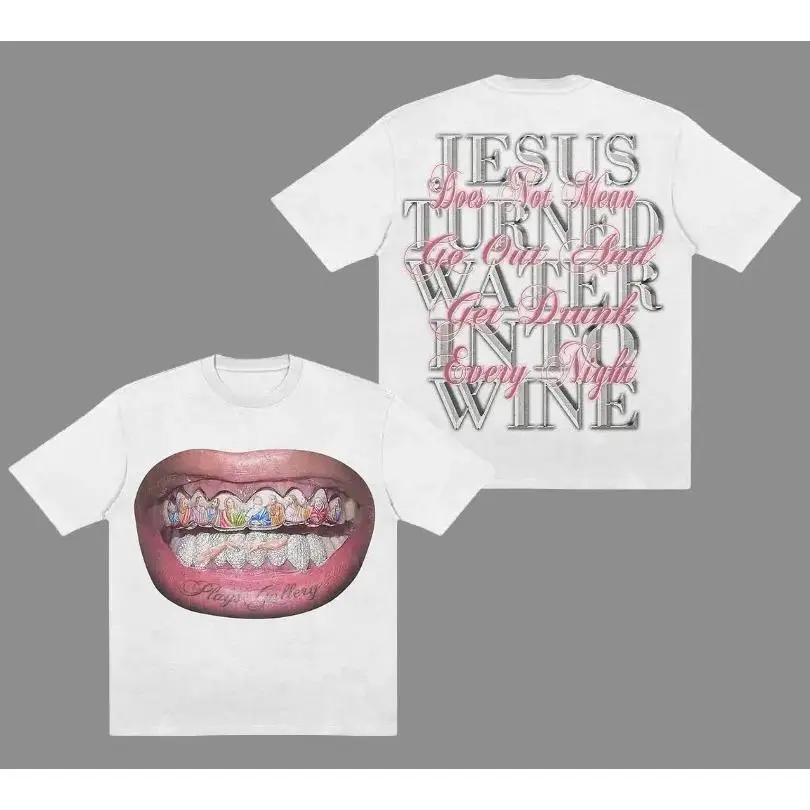 Women's Casual Short-Sleeve Baggy Oversize Cotton Crewneck T-Shirt - Unisex Jesus Smiled Mouth & Letter Print Streetwear Top, S-3XL, Women's Clothes & Underwear, Shortsleeve, Street Wear, Loose Fitting, Tshirt, Oversized, Graphic Tees Women, All Seasons