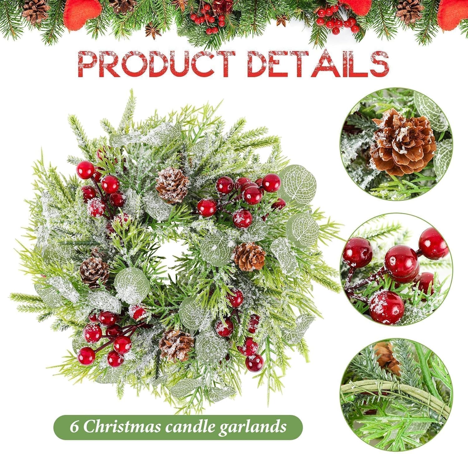 6 Pcs 9.2" Mini Christmas Wreaths for Cabinets Small Wreath Kitchen with Ribbon Christmas Decorations Candle Rings Red Berry Pine Cone Wreaths for Windows 6 Pcs 9.2" Mini Christmas Wreaths for Cabinets Small Wreath Kitchen with Ribbon Christmas Decorations Candle Rings Red Berry Pine Cone Wreaths for Windows