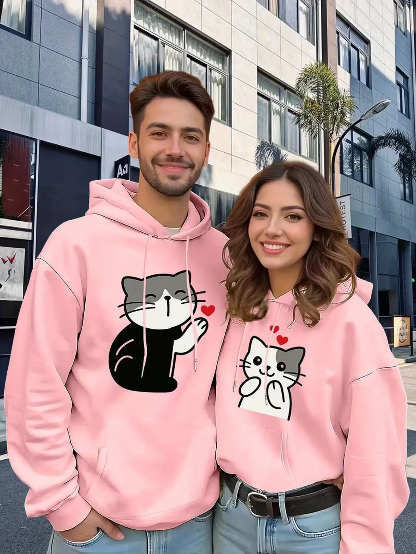 2Pcs Casual commute couple hoodies with moderate loose cut, easy-care machine washable tops, comfortable for home office and outdoor jogging for couples.