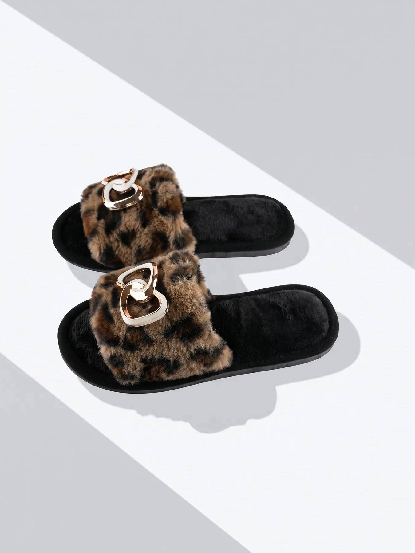 Women's Leopard Print Plush Open-Toe Slippers, Cozy Warm Indoor Outdoor Footwear, Contemporary Style Textile Rubber Sole, Fall Winter Fashion