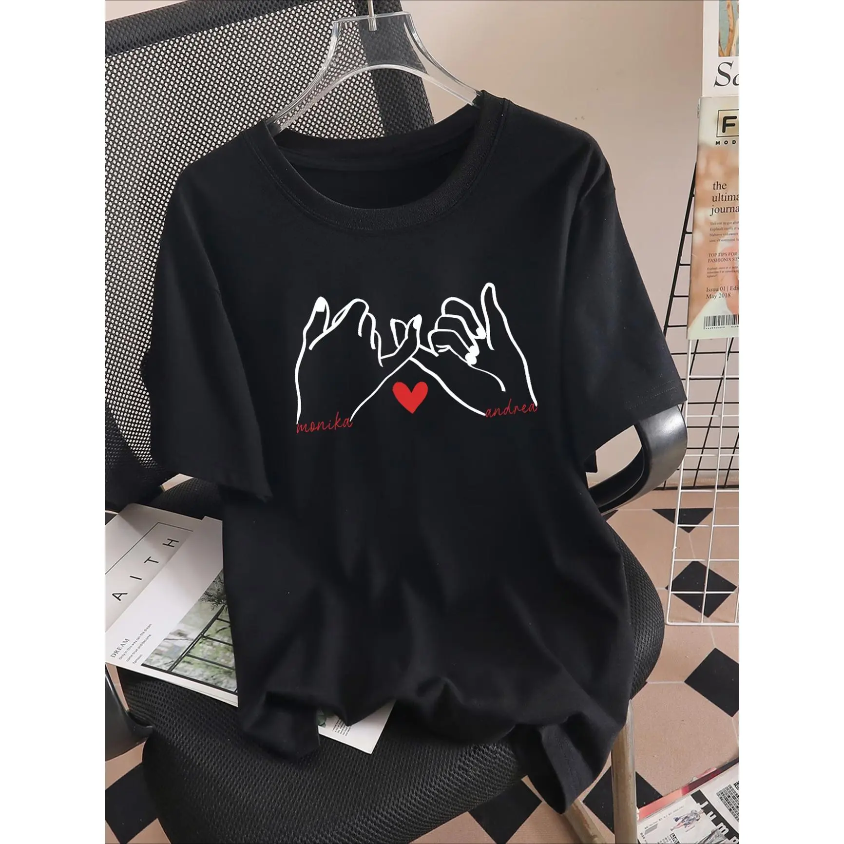 Pinky Promise Hand Heart Graphic Tee, Comfort Cotton Oversized Fashion Outfit, Valentine’s Day Gift for Lover Family Friends, Best Holiday Present for Couple