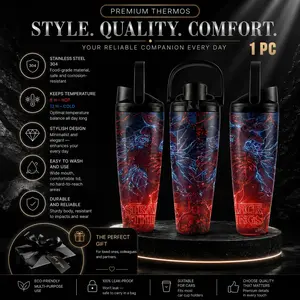 1pc 30.5oz Stranger Things Demogorgon Lightning Print SUS304 Stainless Steel Tumbler, Dual Sip & Straw Flip Lid with Foldable Carry Handle, Double Wall Vacuum Insulated Thermal Water Bottle, Odor Resistant & Keeps Original Drink Flavor, Leakproof Portable