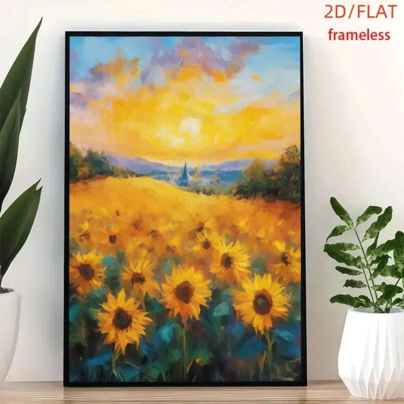 frameless Golden Sunflower Field At Dusk Art Decor Print Poster, Wall Art for Living Room, Bedroom, Office, Dining Room & Bar, Perfect Gift & Home Decor, 12in x 16in