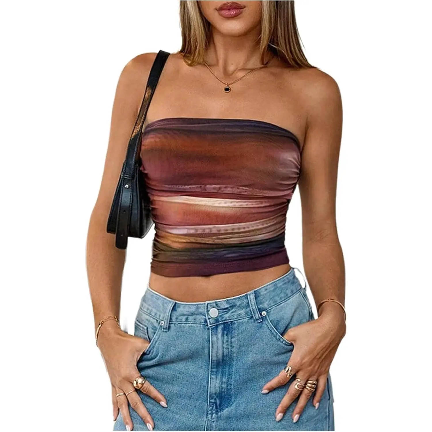 Women's Tie Dye Ruched Strapless Tube Top Sleeveless Fitted Elegant Crop Tops Going Out Bandeau