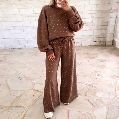BF Women's Brown Polka Dot Ribbed 2-Piece Lounge Set - Drawstring Wide Leg, Long Sleeve, Cozy Fall Outfit, Polka Dot Set, Women's Casual Loungewear, Women's Casual 2 Piece Sets