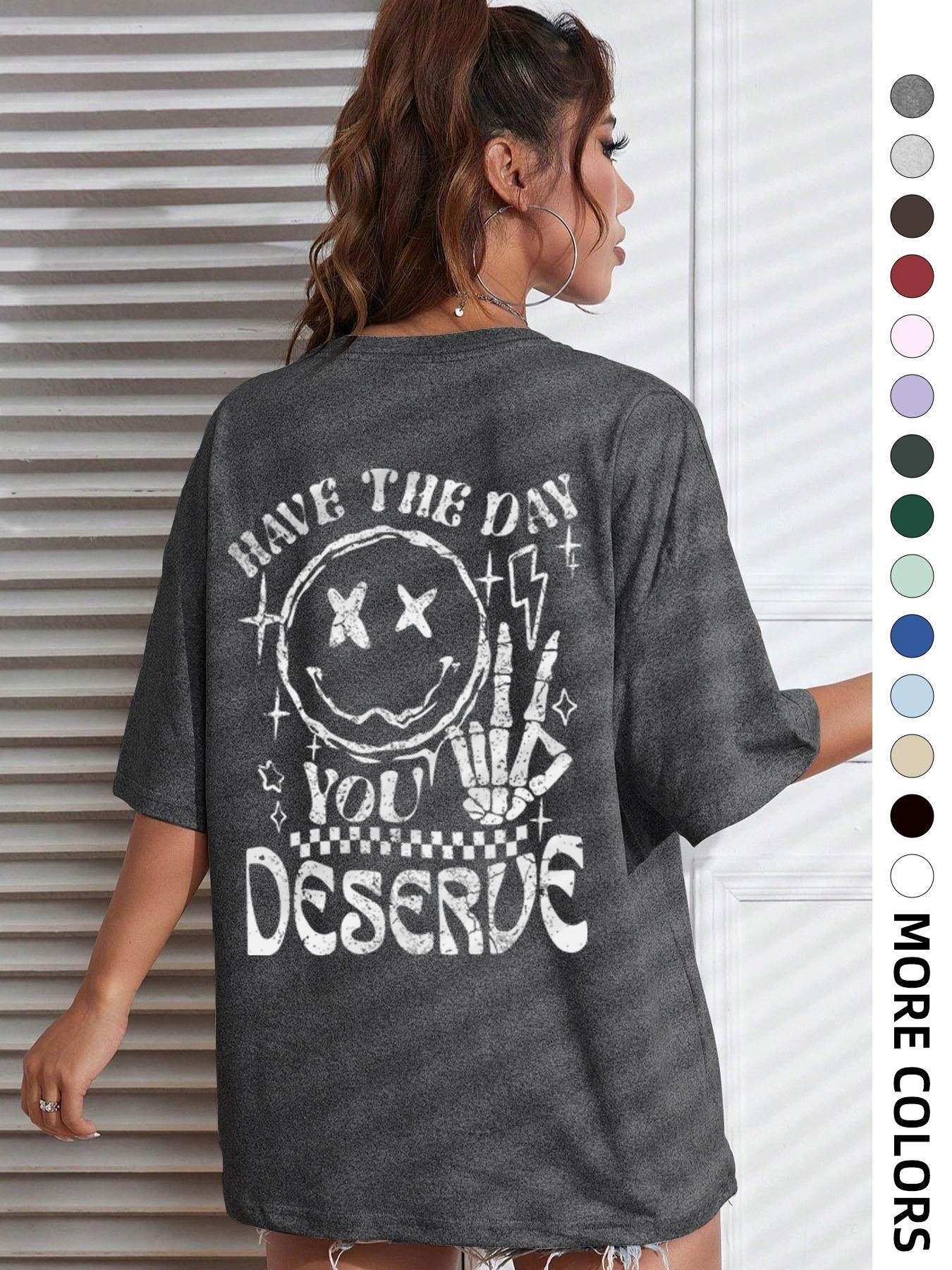 Women's Cartoon & Letter Print Drop Shoulder Tee, Fashion Casual Crew Neck T-Shirt for Daily Holiday Vacation Outdoor Wear, Ladies Teen Girls Clothes Tops, Casual Fashionable Top
