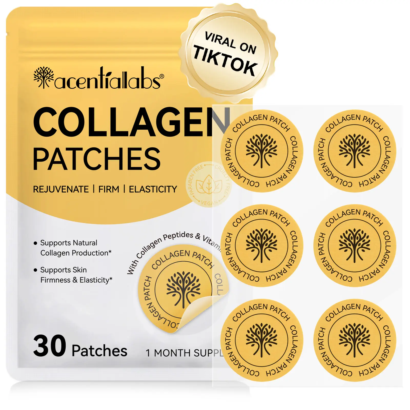 Acentia Labs Collagen Skin Patch, Collagen Patches, Contains Collagen Peptide & Vitamin C, Enhances Firmness & Elasticity, 30pcs, Single Pack