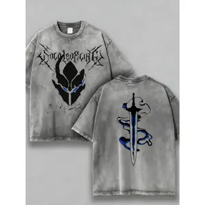 230gRetro Vintage Gray Igris Solo Leveling Shadow Knight Commander Anime T Shirt Space Bounty Hunter Double Sided Print Oversized Acid Washed Heavyweight Cotton Tee Unisex Casual Streetwear Soft Top Gift For Anime Fans