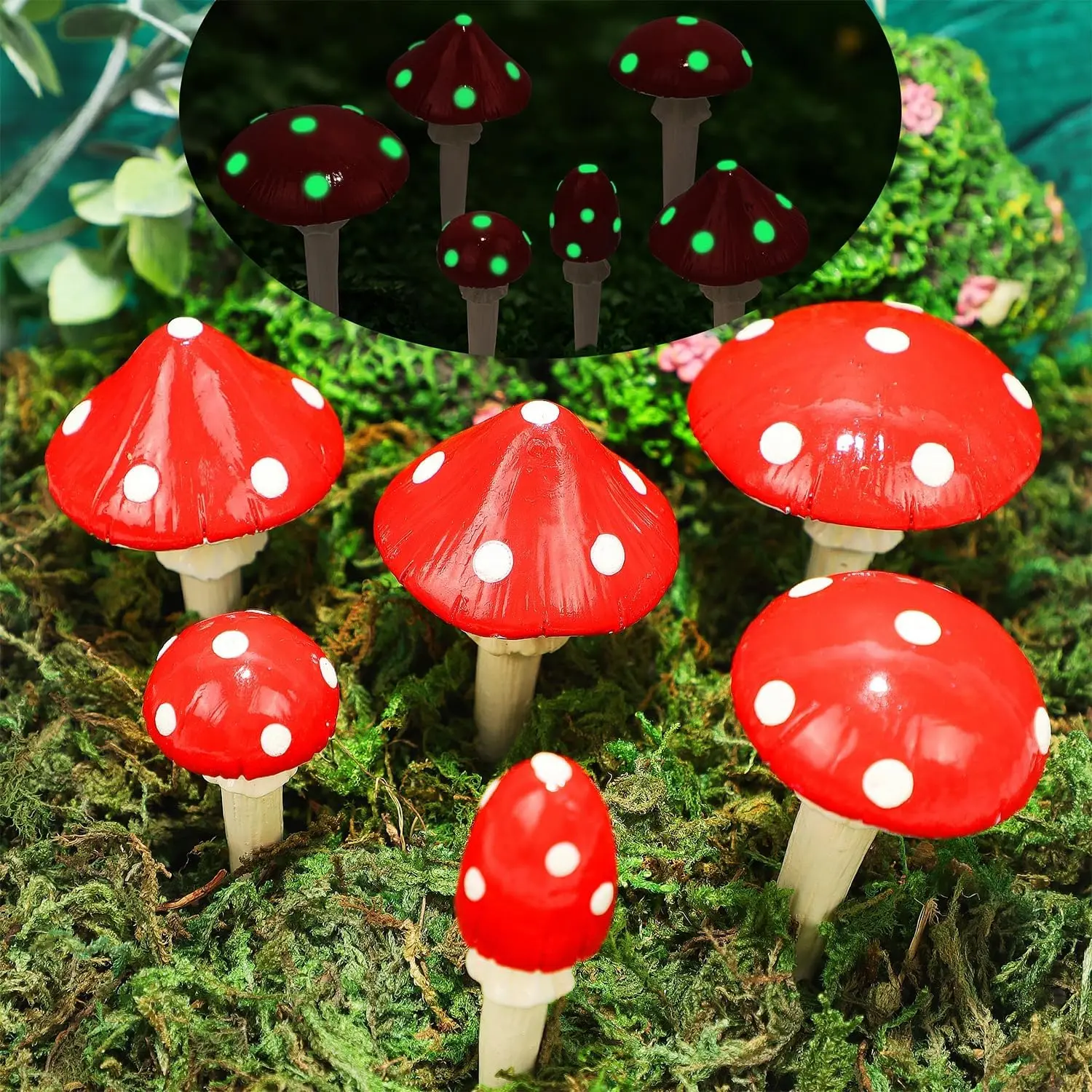6-Piece Decorative Synthetic Glow-in-Dark Phosphorescent Red Fly Agaric Mushroom Statues, Outdoor Garden Yard Art Accessories, Lawn Ornament Decor