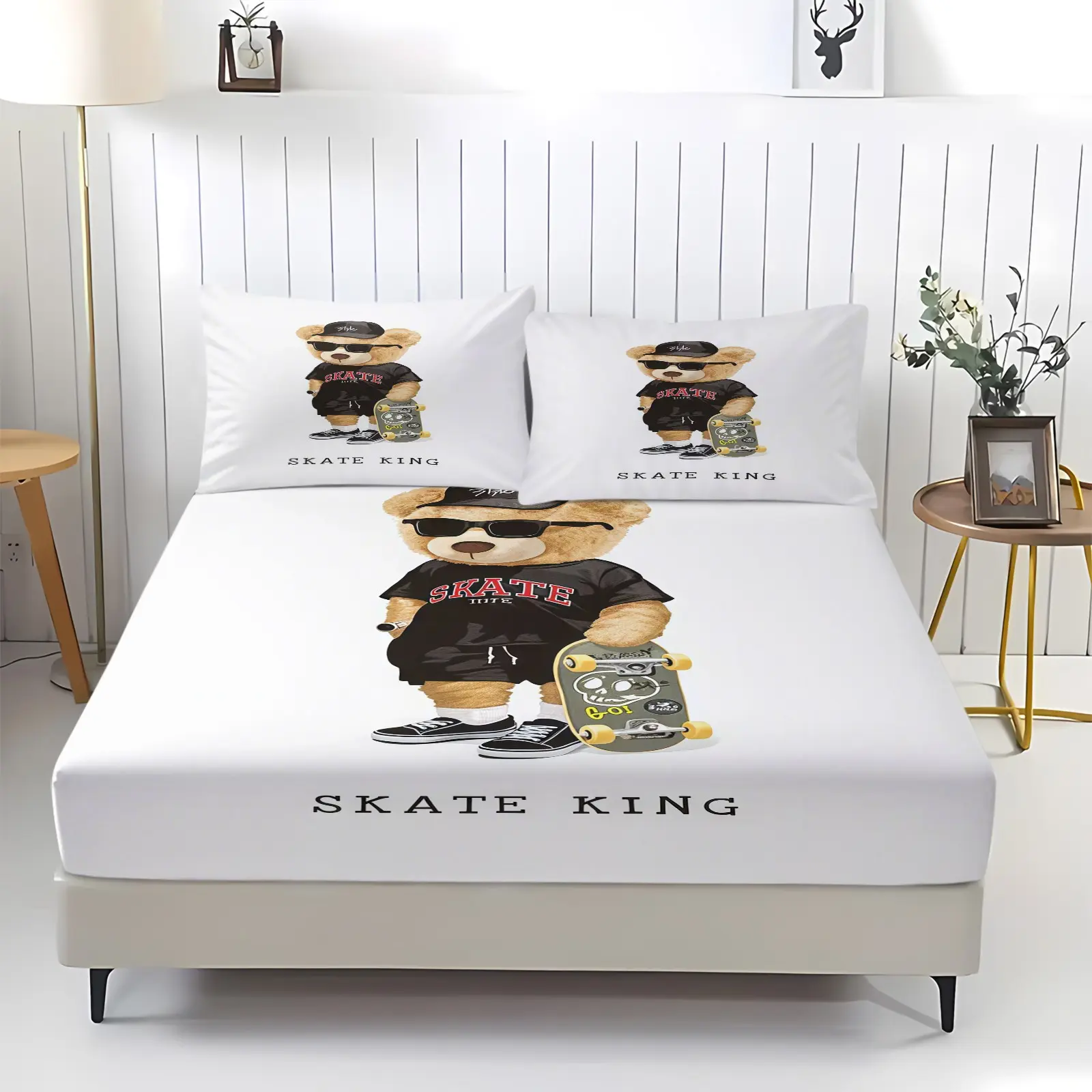 Cute teddy bear printed pattern bed sheet, including 1 bed sheet and 2 pillowcases, anti slip dust cover suitable for bedrooms and guest rooms, suitable for personal use or gift giving