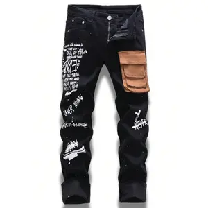 Men's Vintage-Inspired Distressed Denim Shorts - "Fearless" & Sword Graphic, Black Cotton Blend With Rips, Casual Streetwear, Multi-Pocket Design, Stretch Fit For Comfort, Casual Attire | Bold Graphic Print | Stretch Fit Denim,