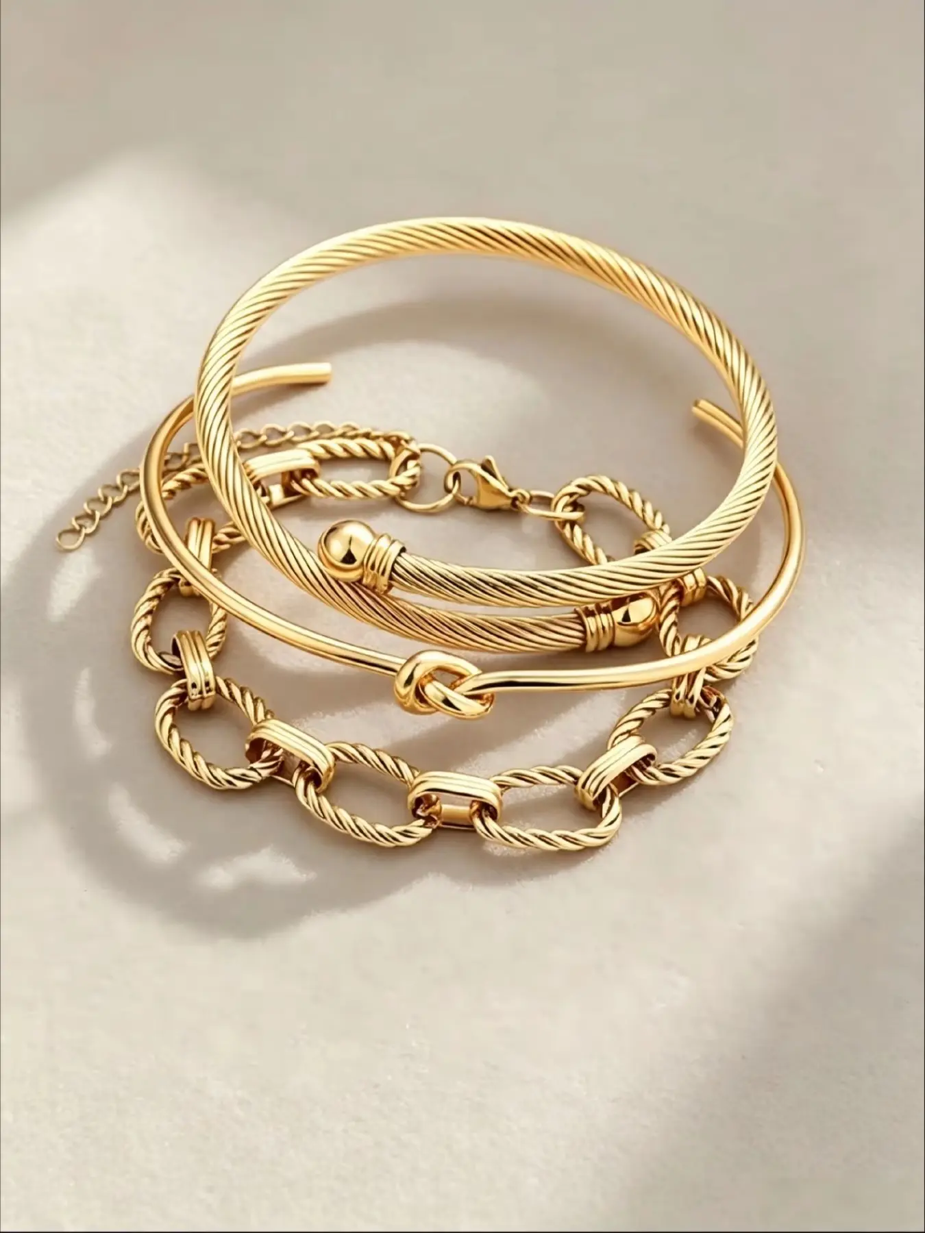 3pcs Stainless Steel Bangle Bracelet Set For Women, Adjustable Open Design With Twisted Rope & Chain Elements, Luxury European Style, Gold Color, Suitable For Daily, Dating, Vacation, Valentine's Day/Christmas Gift