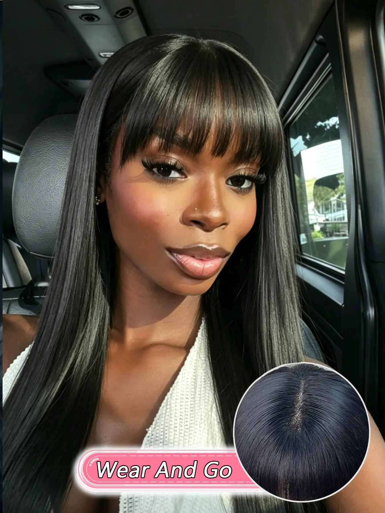 Black Human Hair 5x5 Glueless Lace Closure Bang Wig, Long Straight Hair With Curtain Bangs, Natural Face Framing Style, No Tangle Soft Hair, Beginner Friendly Wear For Women, Glueless Hair Wigs