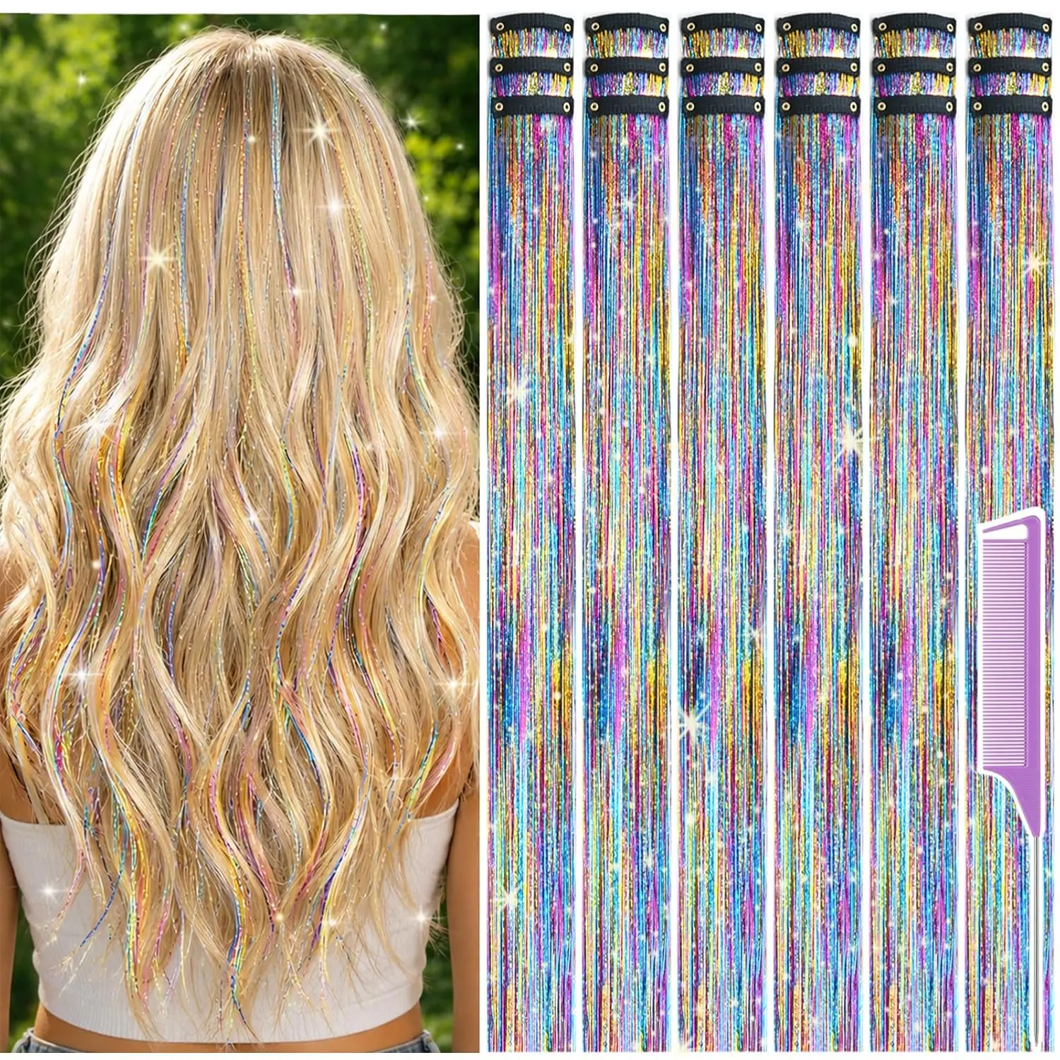 Hair Tinsel Clip in Pack of 18 count Whimsical Rainbow Hair Accessories 22 Inch Glitter Fairy Hair Tinsel Kit for Women Girls Tinsel Hair Extensions for Party Gatherings Festival (Whimsical Rainbow)