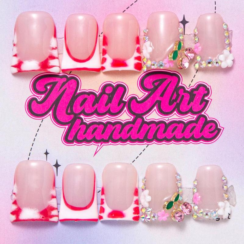Duckbill Shaped Fake Nail, 10pcs Rhinestone & Flower Decor French Press on Nails for Women & Girls DIY Nail Art, Elegant Stick on Nails Kit, Handmade, Nail Supplies, Fake Nails, Flared Handmade Nails, Sparkly Studded Rhinestone