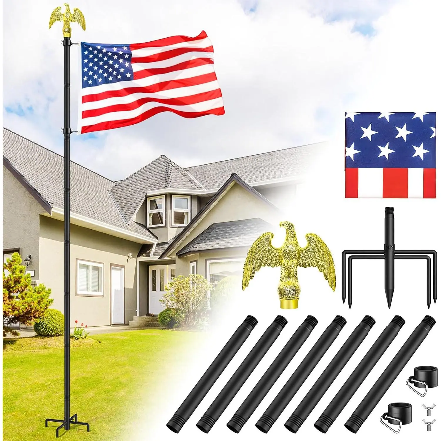 Flag Pole for Outside House, Outdoor Black Heavy Duty 10 FT Flag Pole Kit, for Residential or Commerical,  Free Flagpole (Include  3 X 5 Flag, 5 Pronges Base,  Shaped )