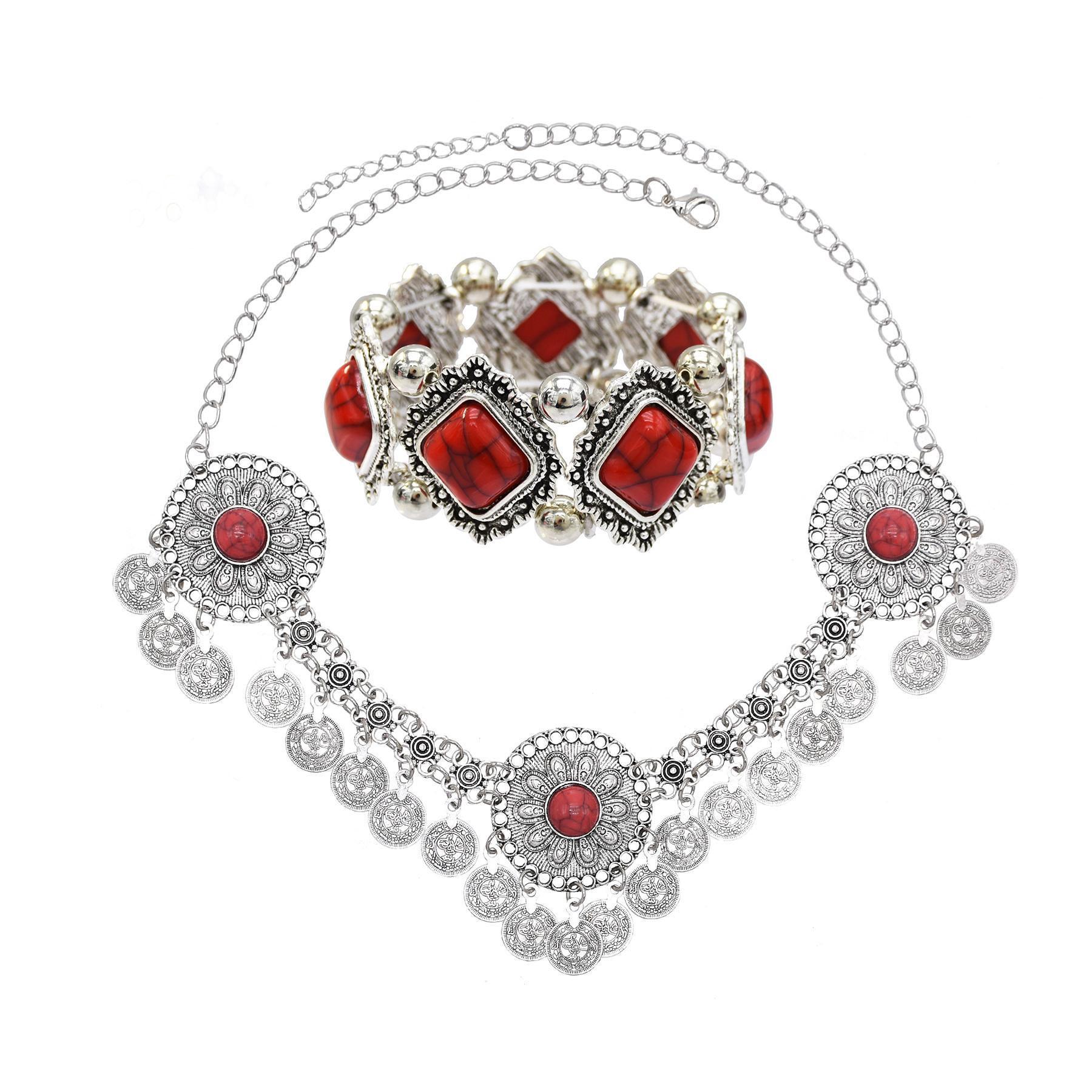 Traditional Kazakhstan Ethnic Coins Bracelet Hair Accessories  for Women Vintage Nepalese Tibetan Clothing Headwear Jewelry Set