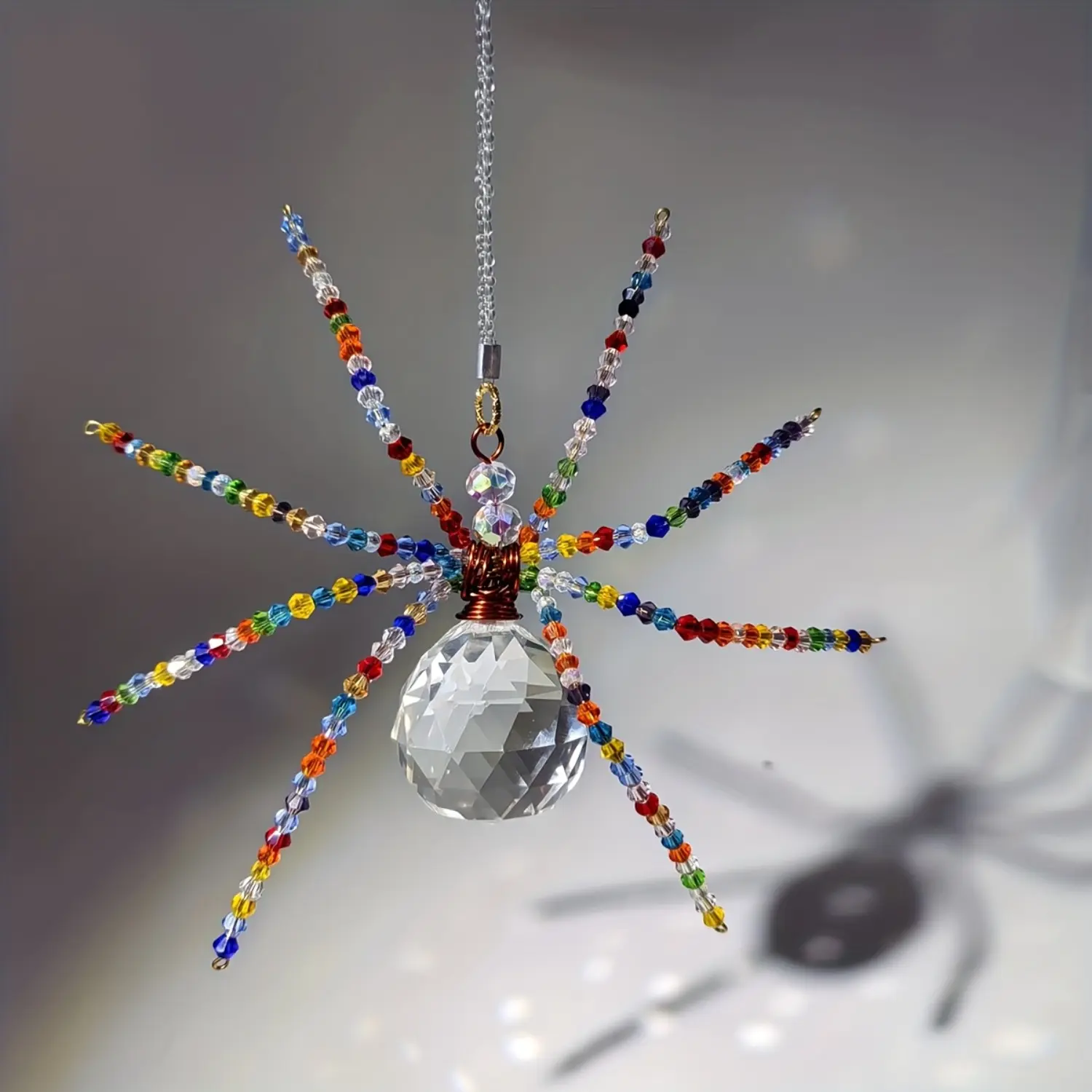 Crystal Spider Suncatcher, Beaded Spider Sun Catcher, Handmade Halloween Décor, Beaded Spider with Prism, Rainbow Window Charm, Witchy Gift for Spring or Summer, Hanging Window Decor