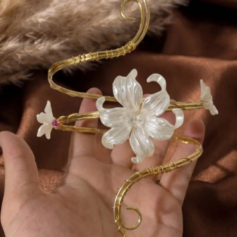Floral Wrap Arm Ring Jewelry, Fairy Forest Fashion Style, 3D Pearl Flower Open Adjustable, Girls' Daily Vacation Travel Photo Accessory, Flower Design Bracelet, Boho Jewelry