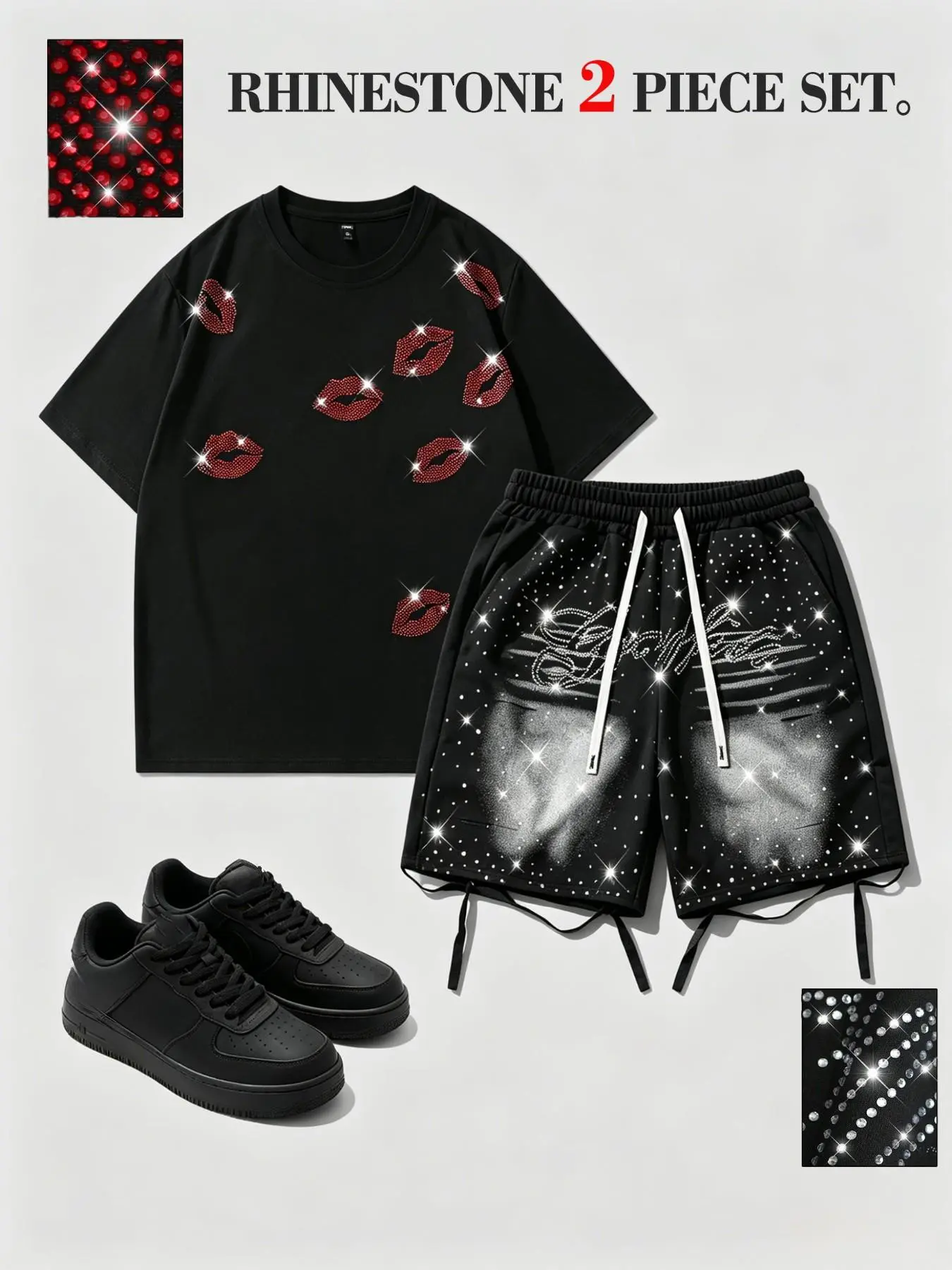 Men's Rhinestone Two-Piece Sports Set, Lip Diamond Round Neck Short Sleeve T-Shirt + Glitter Letter Drawstring Shorts, Oversized Streetwear Outfit, Clothes